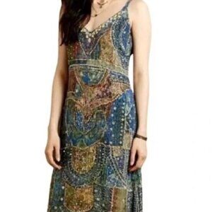 Anthropologie Leifsdottir Senna Beaded Silk Dress Lined Sleeveless 16 Midi blues
